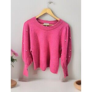 New CeCe Women Sweater S Pearls Pullover Round Neck Embellished Balloon Sleeves